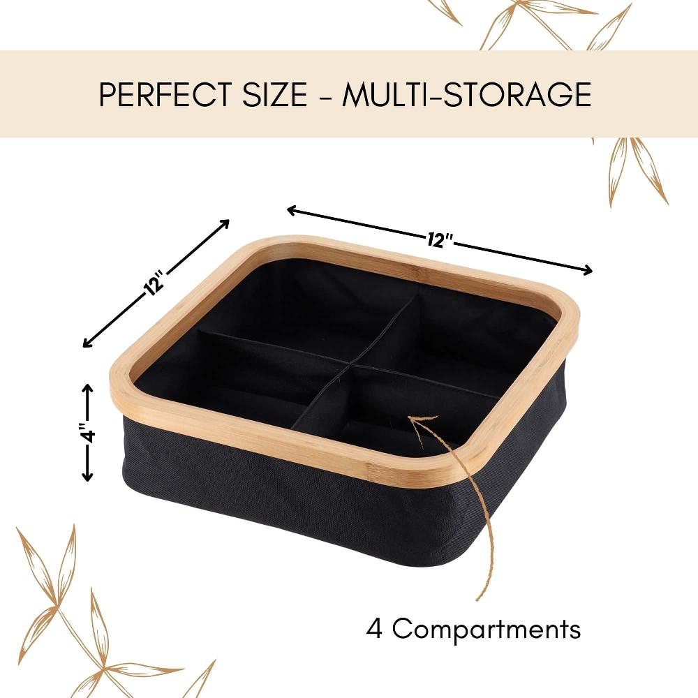 Evideco Square Foldable Storage Basket With Bamboo Frame And Black Fabric 4-Compartment Organizer For Home And Office Bathroom Storage & Furniture Storage Baskets & Organizers