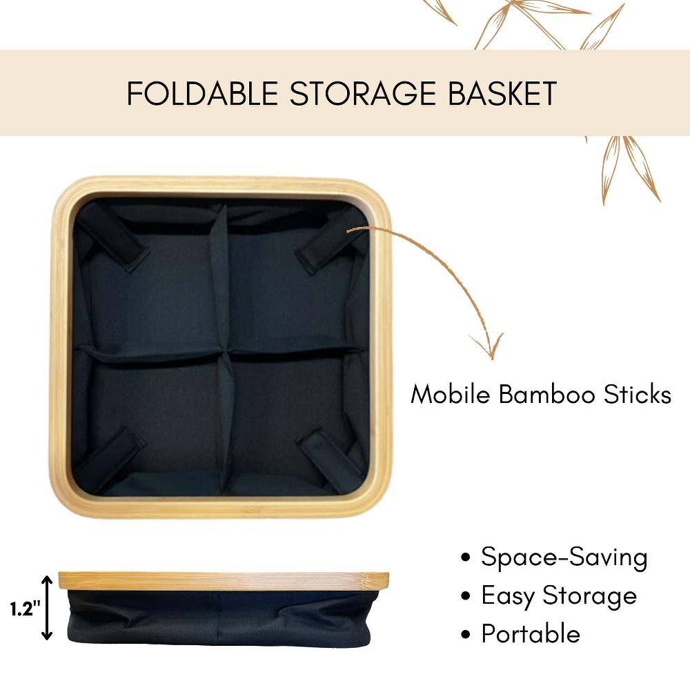 Evideco Square Foldable Storage Basket With Bamboo Frame And Black Fabric 4-Compartment Organizer For Home And Office Bathroom Storage & Furniture Storage Baskets & Organizers