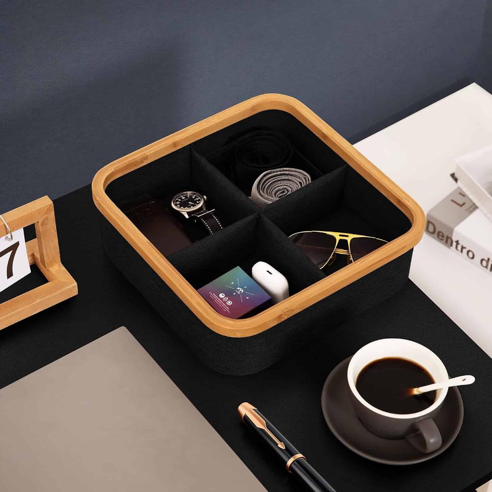 Evideco Square Foldable Storage Basket With Bamboo Frame And Black Fabric 4-Compartment Organizer For Home And Office Bathroom Storage & Furniture Storage Baskets & Organizers