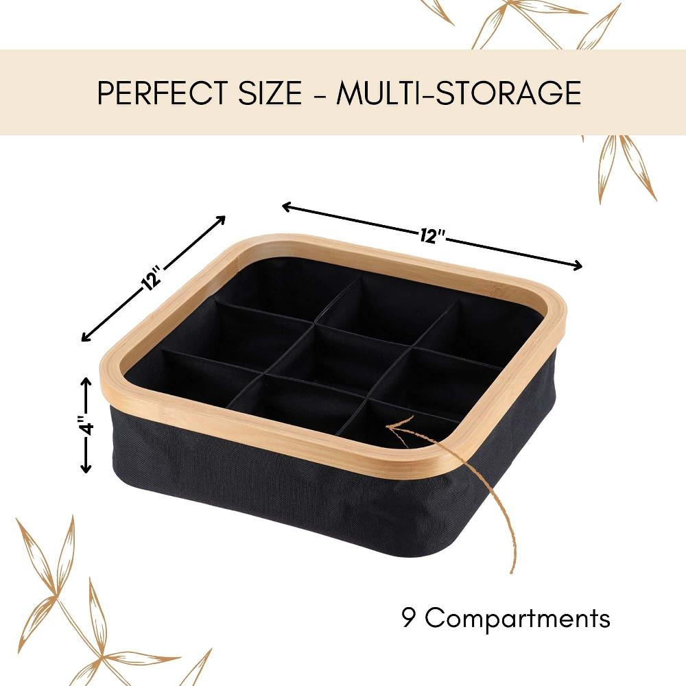 Evideco Square Foldable Storage Basket With Bamboo Frame And Black Fabric 9-Compartment Organizer For Home And Office Bathroom Storage & Furniture Storage Baskets & Organizers