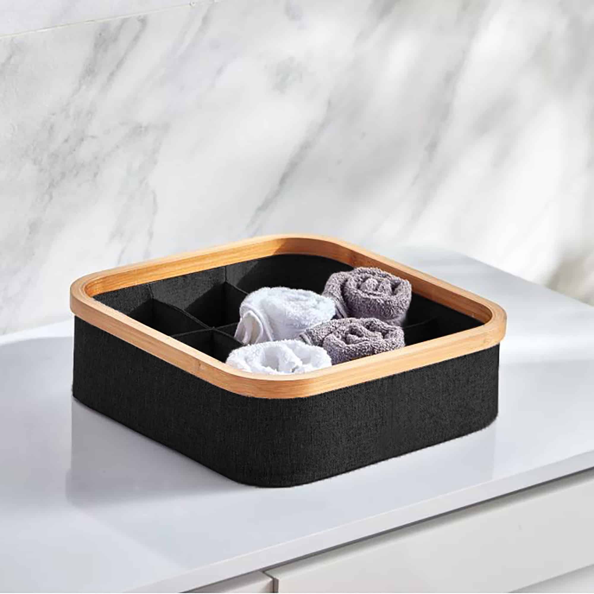 Evideco Square Foldable Storage Basket With Bamboo Frame And Black Fabric 9-Compartment Organizer For Home And Office Bathroom Storage & Furniture Storage Baskets & Organizers