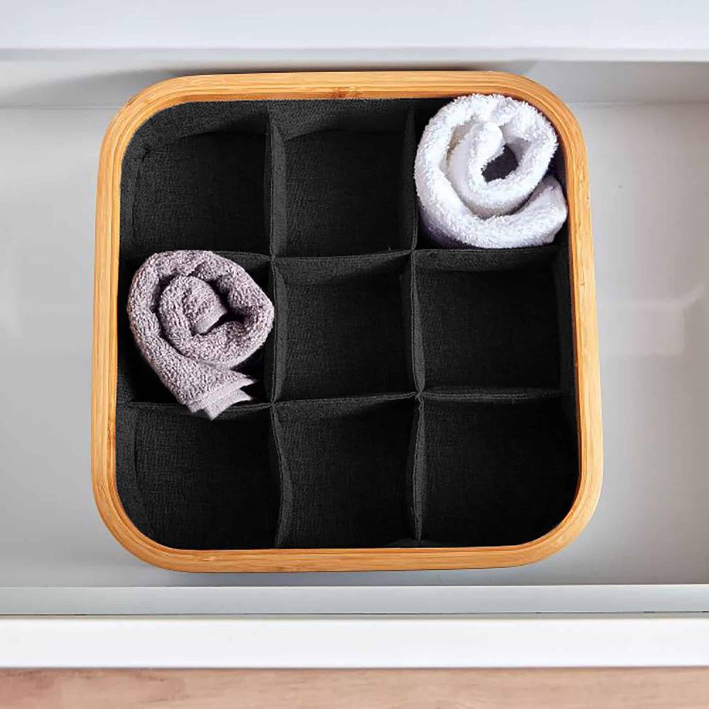 Evideco Square Foldable Storage Basket With Bamboo Frame And Black Fabric 9-Compartment Organizer For Home And Office Bathroom Storage & Furniture Storage Baskets & Organizers