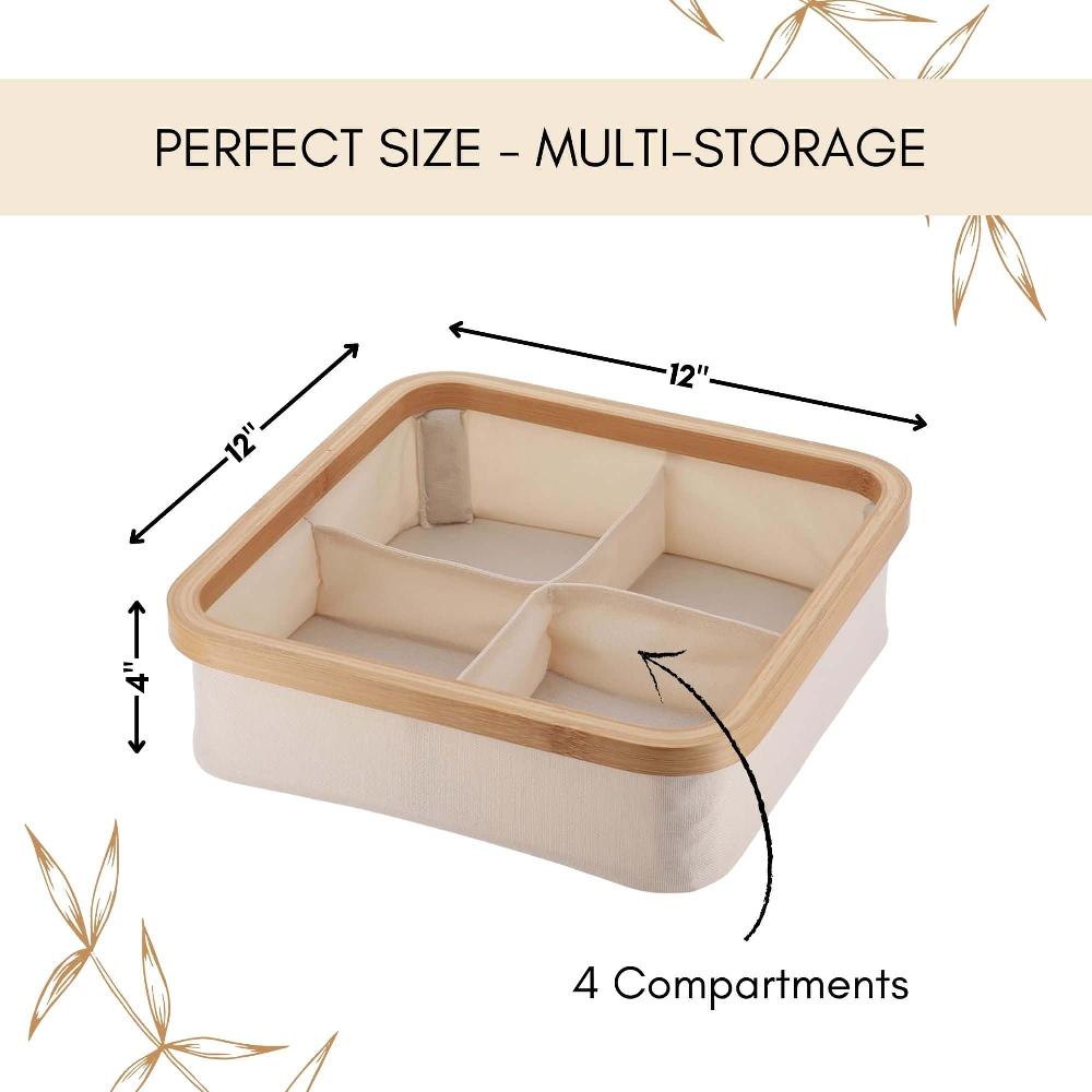 Evideco Square Foldable Storage Basket With Bamboo Frame And Ecru Fabric 4-Compartment Organizer For Home And Office Bathroom Storage & Furniture Storage Baskets & Organizers