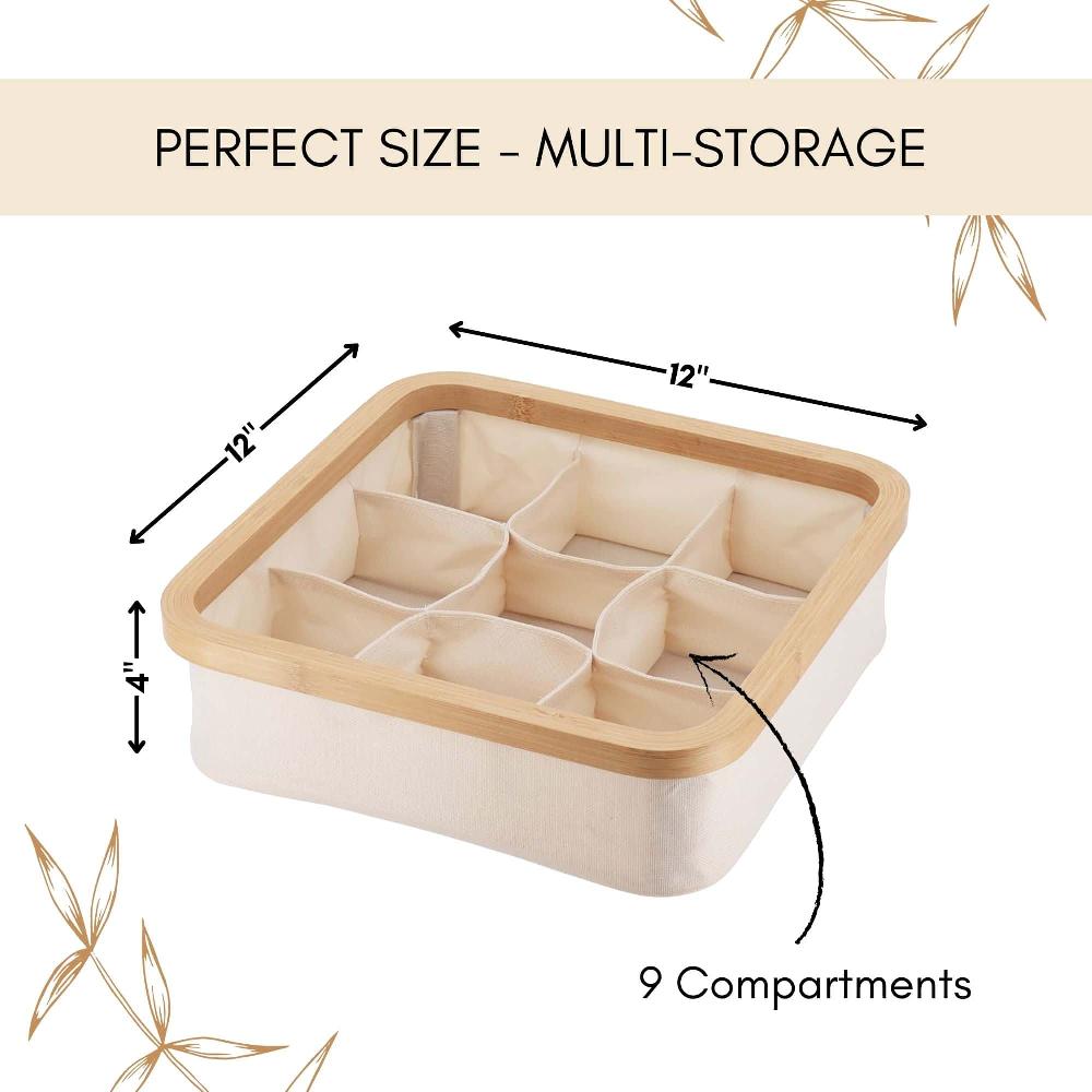 Evideco Square Foldable Storage Basket With Bamboo Frame And Ecru Fabric 9-Compartment Organizer For Home And Office Bathroom Storage & Furniture Storage Baskets & Organizers