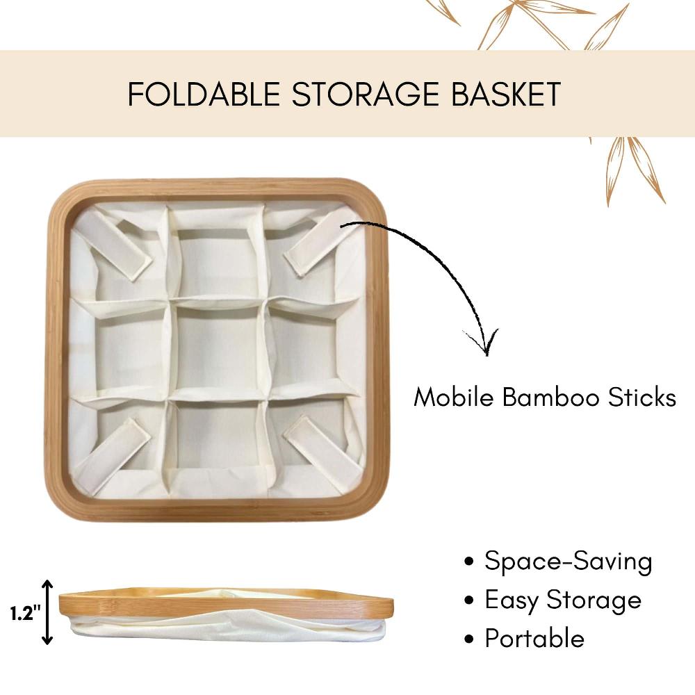 Evideco Square Foldable Storage Basket With Bamboo Frame And Ecru Fabric 9-Compartment Organizer For Home And Office Bathroom Storage & Furniture Storage Baskets & Organizers