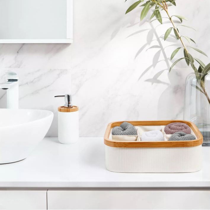 Evideco Square Foldable Storage Basket With Bamboo Frame And Ecru Fabric 9-Compartment Organizer For Home And Office Bathroom Storage & Furniture Storage Baskets & Organizers