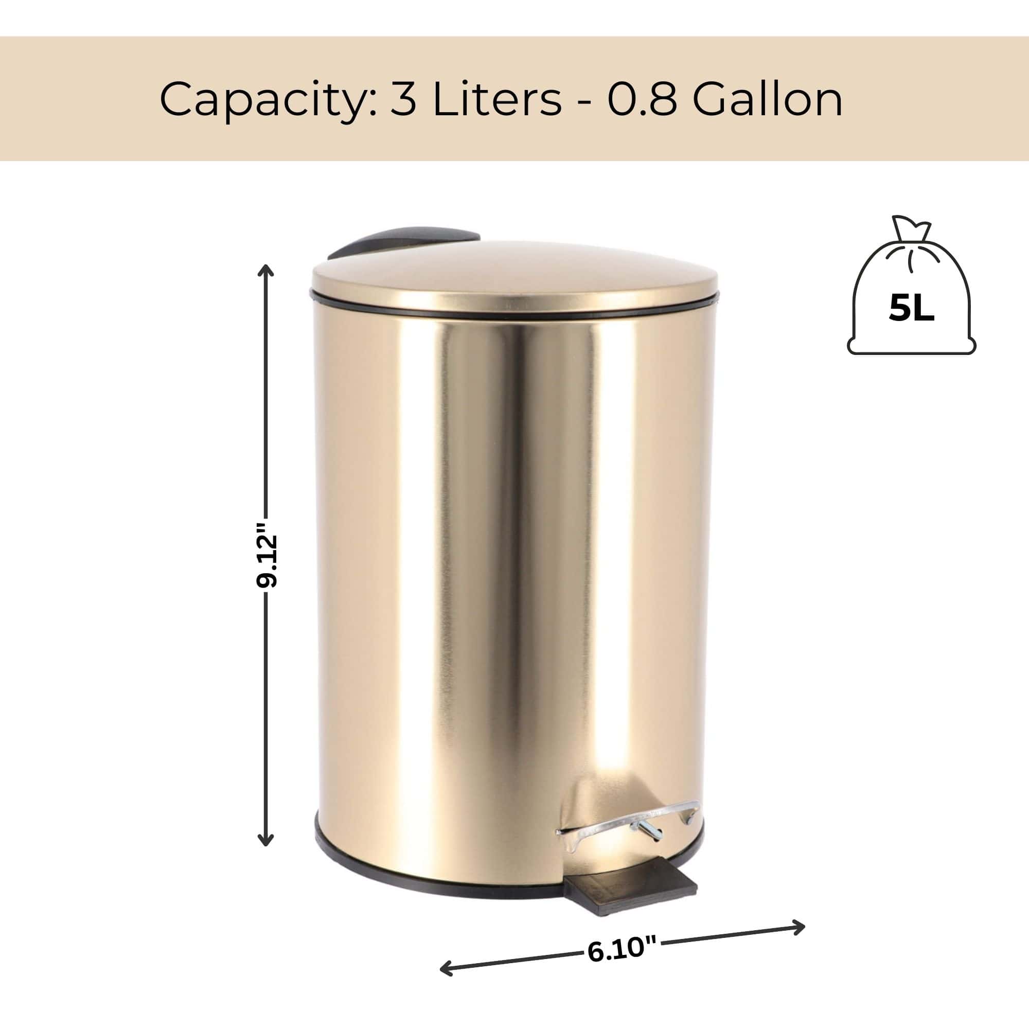 Evideco Stylish Brushed Gold Trash Can With Soft Close Lid – 3 Liters (0.8 Gallon) – Compact Pedal Trash Bin With Removable Inner Bucket Toilet Seats & Accessories Toilet Wastebaskets Design & Solid