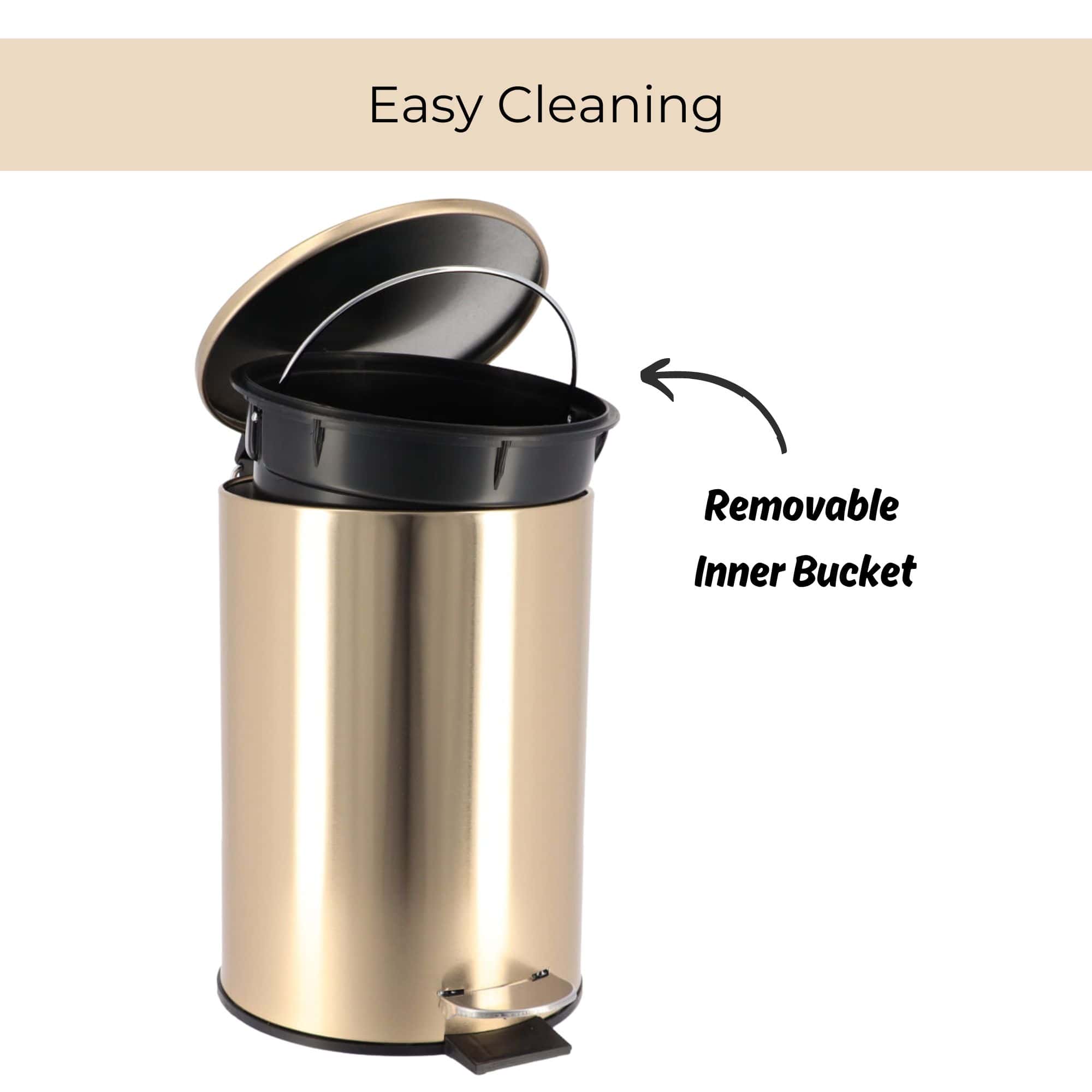 Evideco Stylish Brushed Gold Trash Can With Soft Close Lid – 3 Liters (0.8 Gallon) – Compact Pedal Trash Bin With Removable Inner Bucket Toilet Seats & Accessories Toilet Wastebaskets Design & Solid