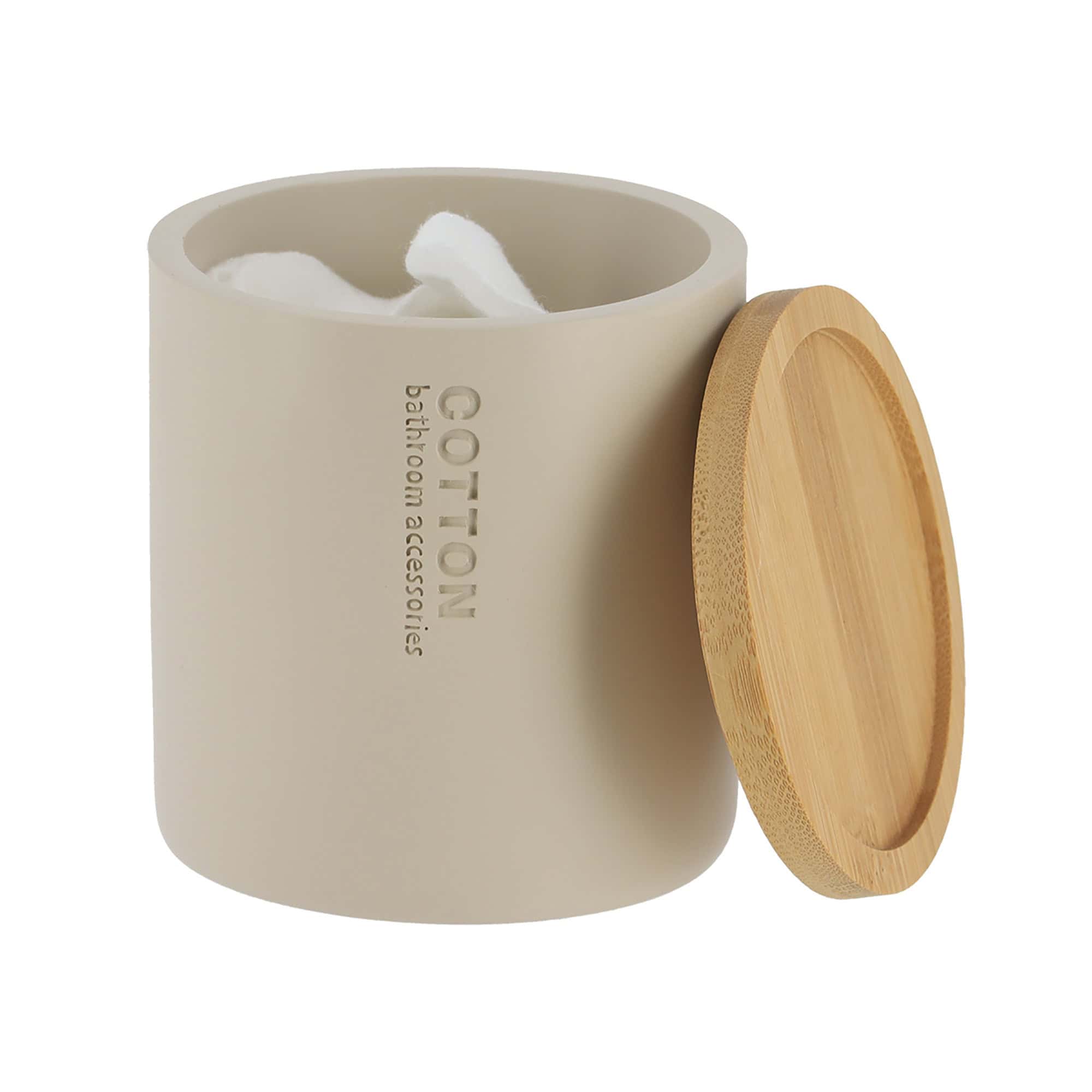 Evideco Stylish Matte Beige Cotton Pad Holder With Natural Bamboo Lid – Polyresin Bathroom Vanity Organizer Bathroom Accessories Cosmetic & Vanity Organizers