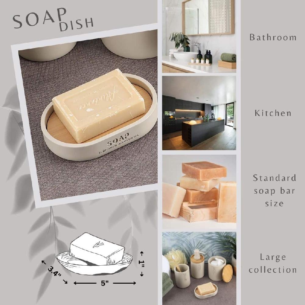 Evideco Stylish Matte Beige Soap Dish With Natural Bamboo Base – Polyresin Soap Holder For Contemporary Home Bathroom Accessories Soap Dishes