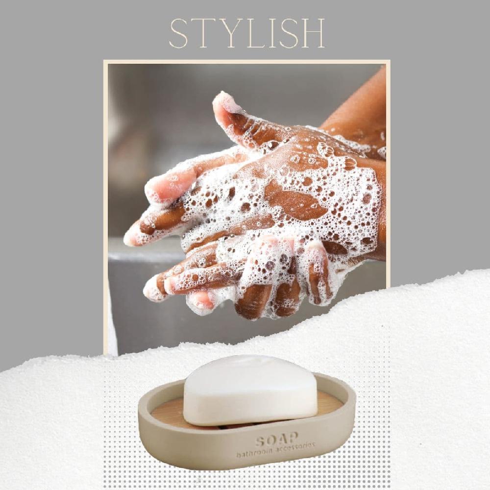 Evideco Stylish Matte Beige Soap Dish With Natural Bamboo Base – Polyresin Soap Holder For Contemporary Home Bathroom Accessories Soap Dishes