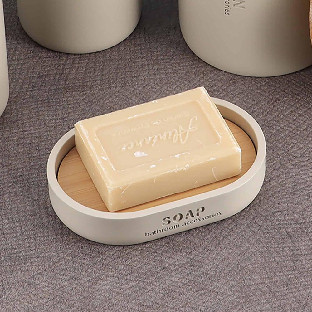 evideco Stylish Matte Beige Soap Dish with Natural Bamboo Base – Polyresin Soap Holder for Contemporary Home Bathroom Accessories Soap Dishes