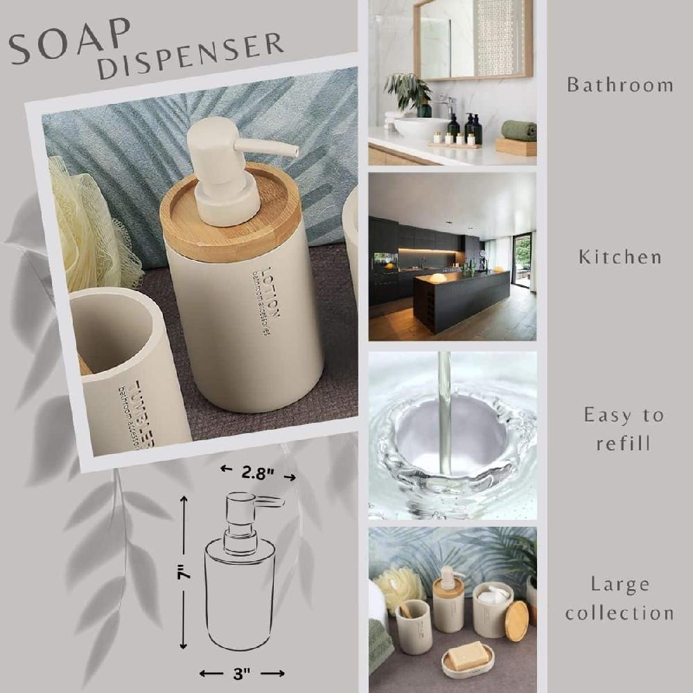 Evideco Stylish Matte Beige Soap Dispenser With Natural Bamboo Top – Polyresin Hand Lotion Pump Modern Bath Accessory Bathroom Accessories Soap & Lotion Dispensers