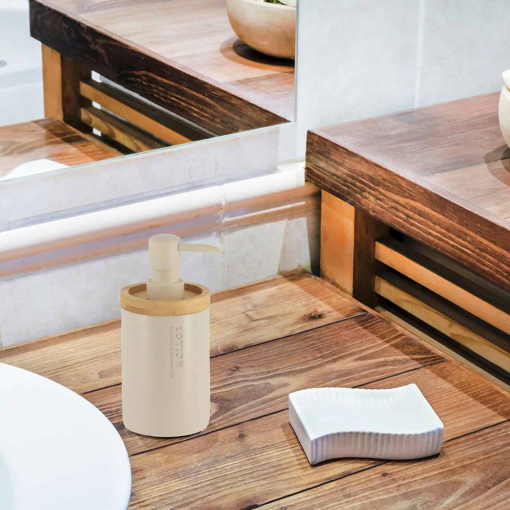 Evideco Stylish Matte Beige Soap Dispenser With Natural Bamboo Top – Polyresin Hand Lotion Pump Modern Bath Accessory Bathroom Accessories Soap & Lotion Dispensers