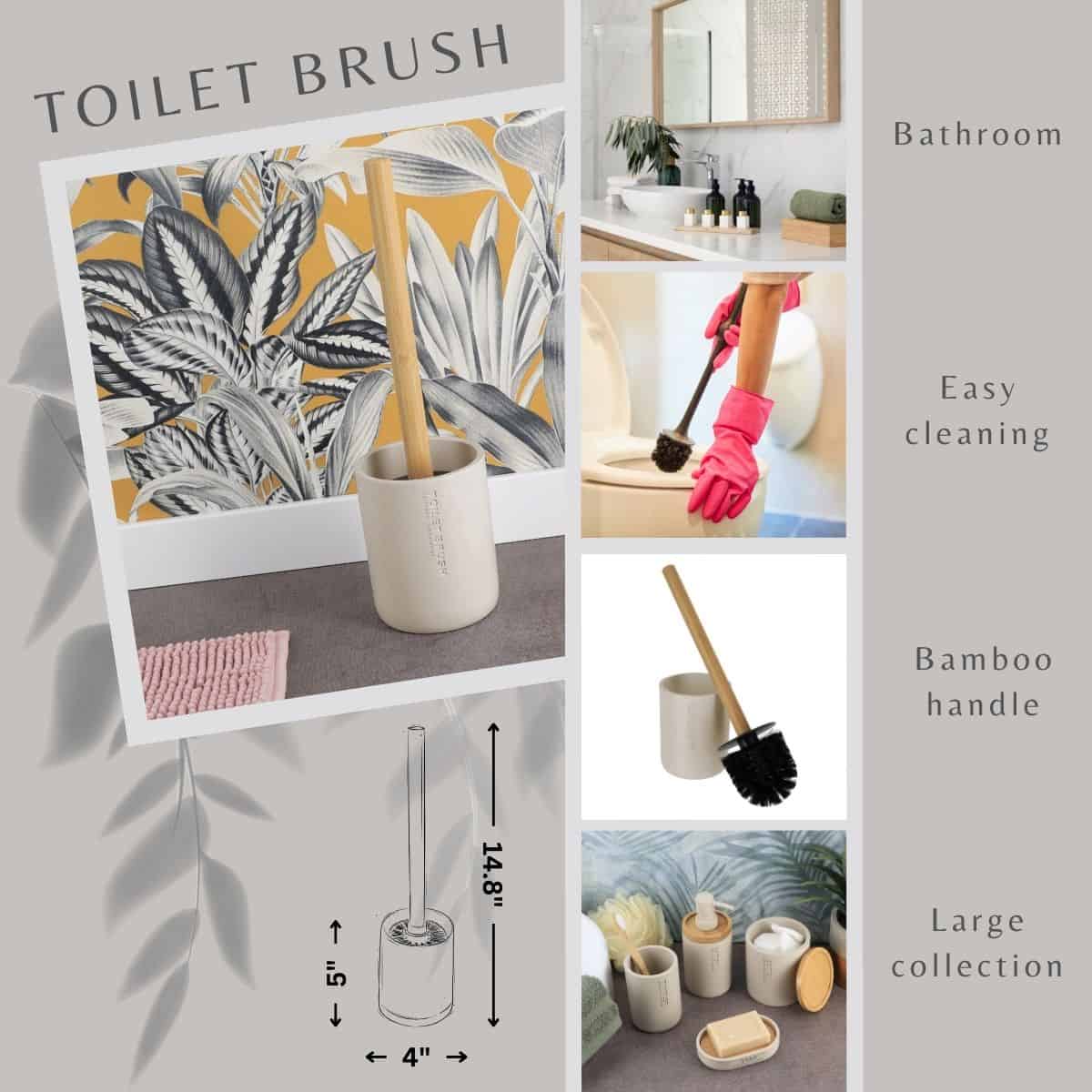 Evideco Stylish Matte Beige Toilet Brush And Holder Set With Natural Bamboo Handle – Polyresin Bathroom Cleaning Solution Toilet Seats & Accessories Toilet Brushes