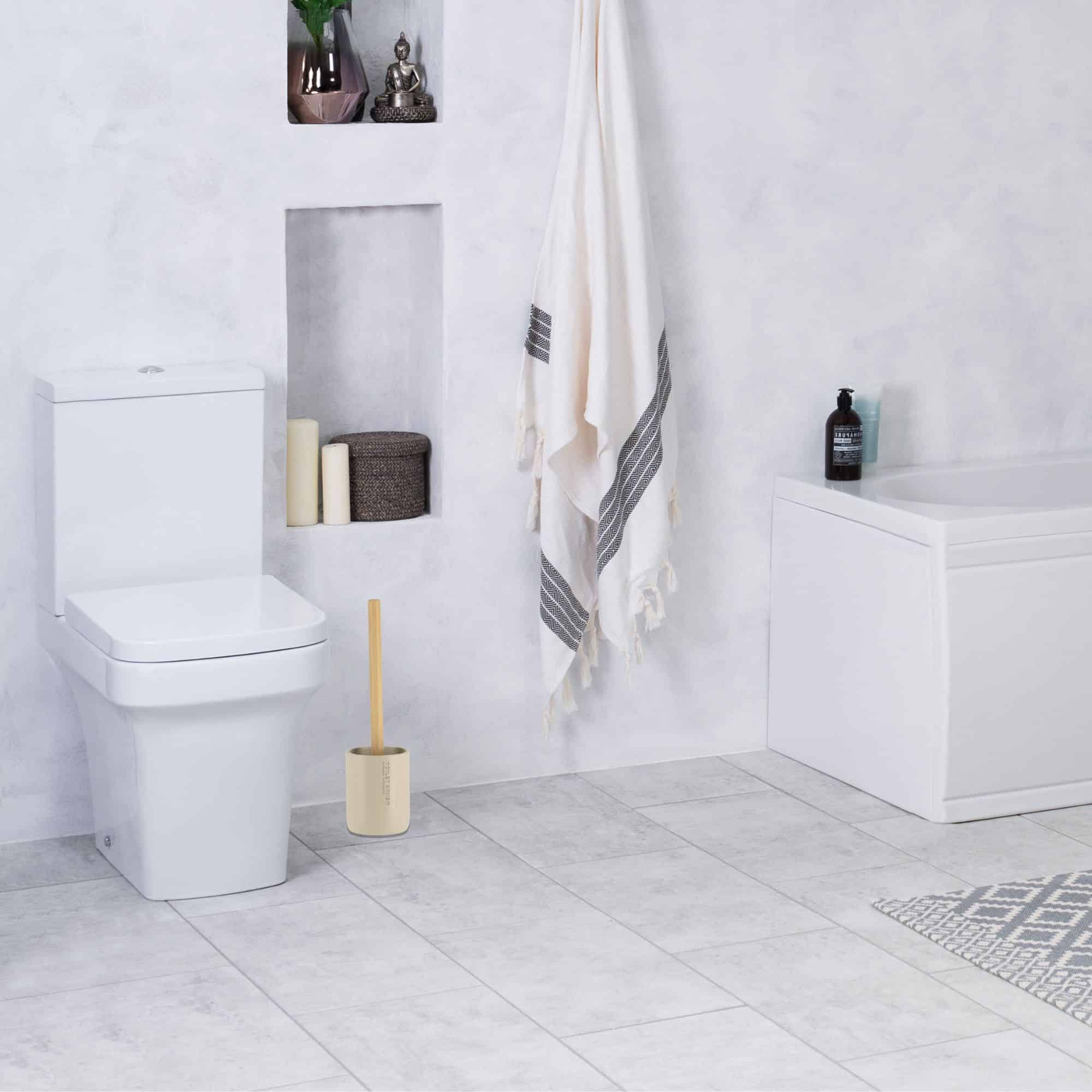 Evideco Stylish Matte Beige Toilet Brush And Holder Set With Natural Bamboo Handle – Polyresin Bathroom Cleaning Solution Toilet Seats & Accessories Toilet Brushes