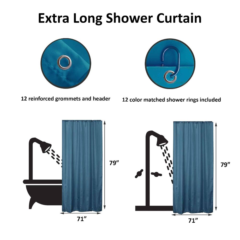 Evideco Tahitian Blue Extra Long Shower Curtain Polyester 12 Rings 79″L X 71″W Shower Accessories Shower Curtains