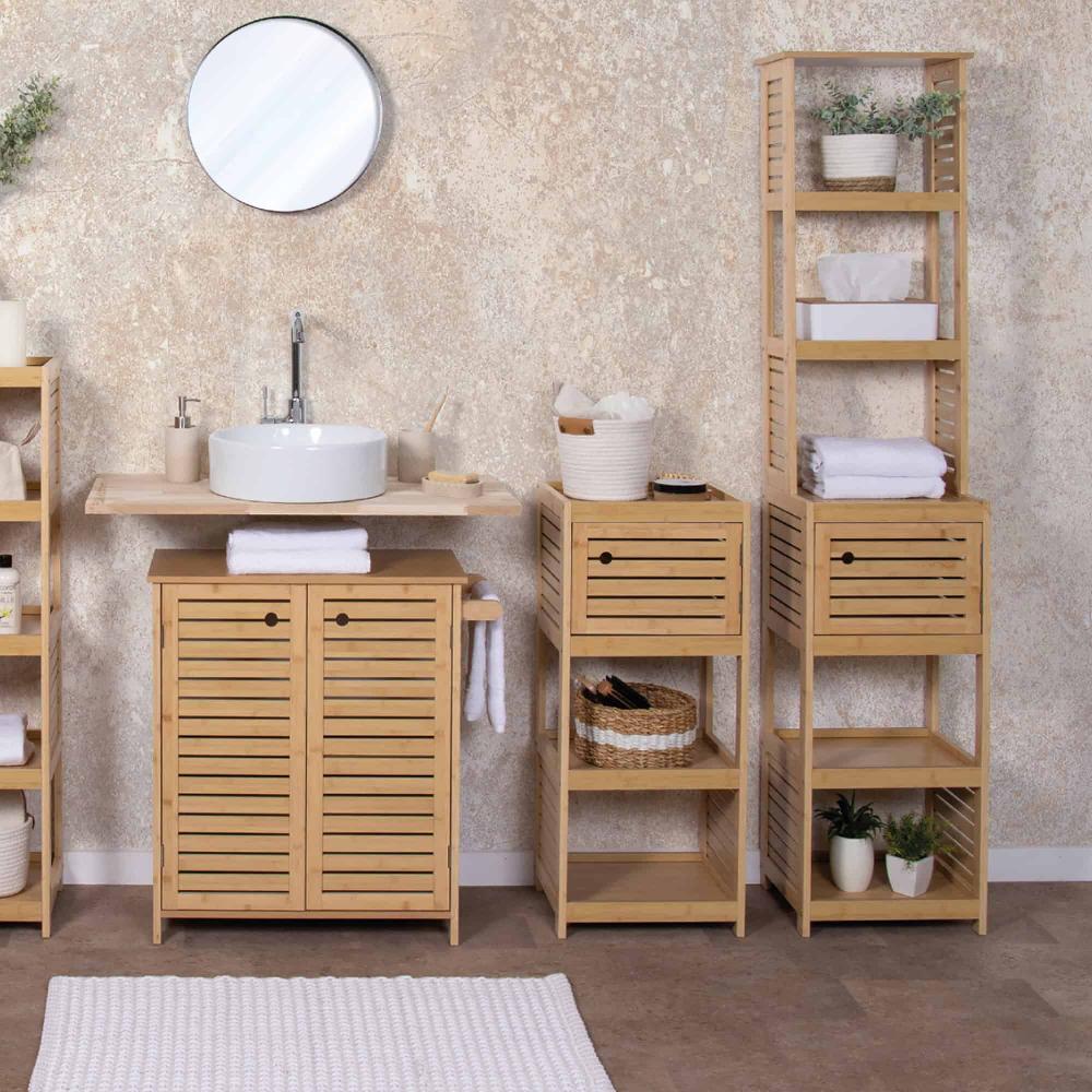 Evideco Tall Bathroom Storage Cabinet With Multiple Shelves And Vented Door Natural – Trinidad Collection Bathroom Storage & Furniture Tower Cabinets