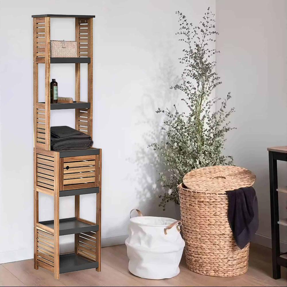 evideco Tall Bathroom Storage Cabinet with Multiple Shelves and Vented Door Brown and Gray – Elements Collection Bathroom Storage & Furniture Tower Cabinets