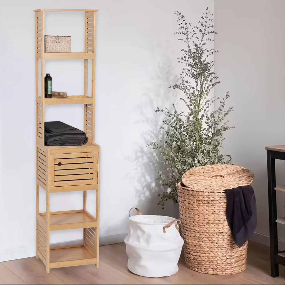 evideco Tall Bathroom Storage Cabinet with Multiple Shelves and Vented Door Natural – Trinidad Collection Bathroom Storage & Furniture Tower Cabinets