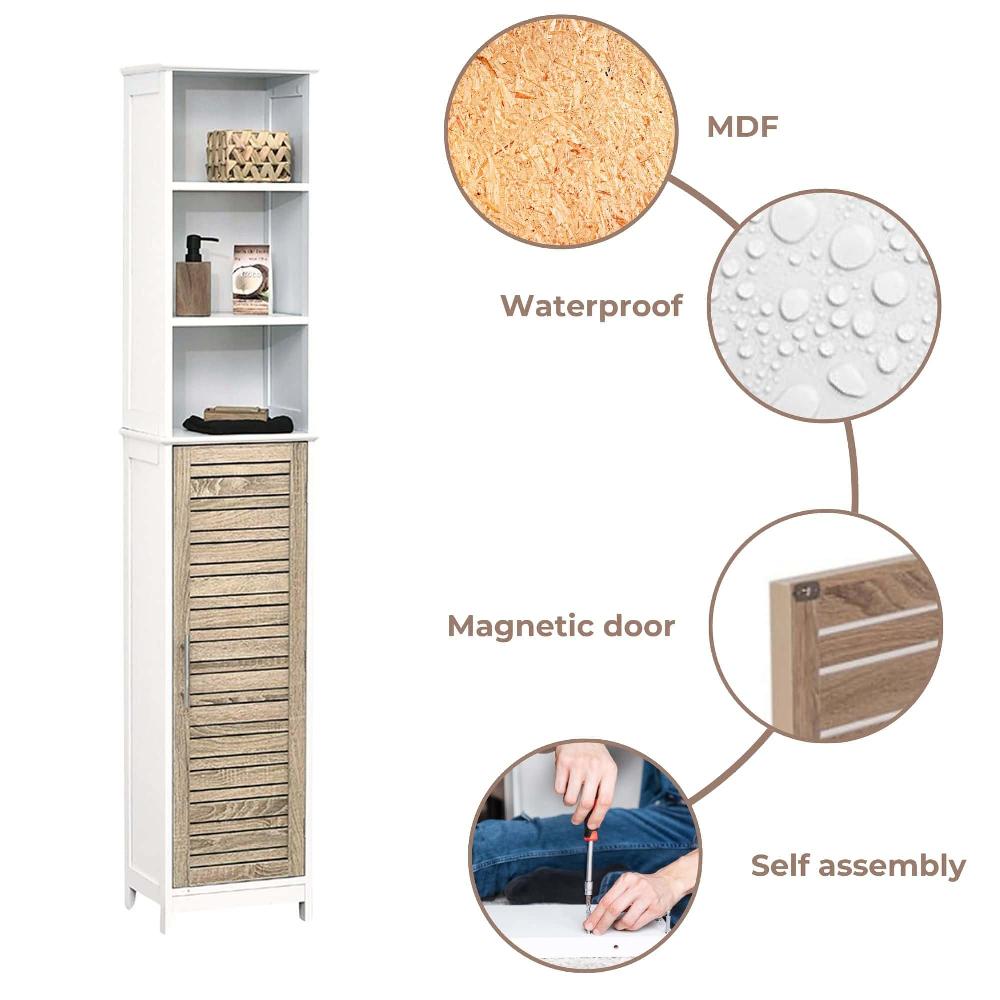 Evideco Tall Bathroom Storage Cabinet With Open Shelves And Vented Door – Stockholm Collection Bathroom Storage & Furniture Tower Cabinets