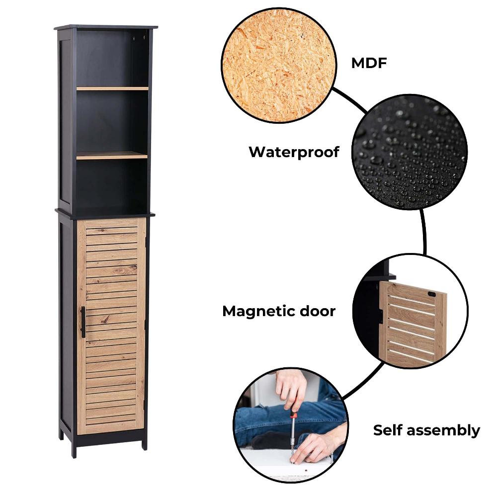 Evideco Tall Bathroom Storage Cabinet With Open Shelves And Vented Door Black And Brown – Bergen Collection Bathroom Storage & Furniture Collection Bergen