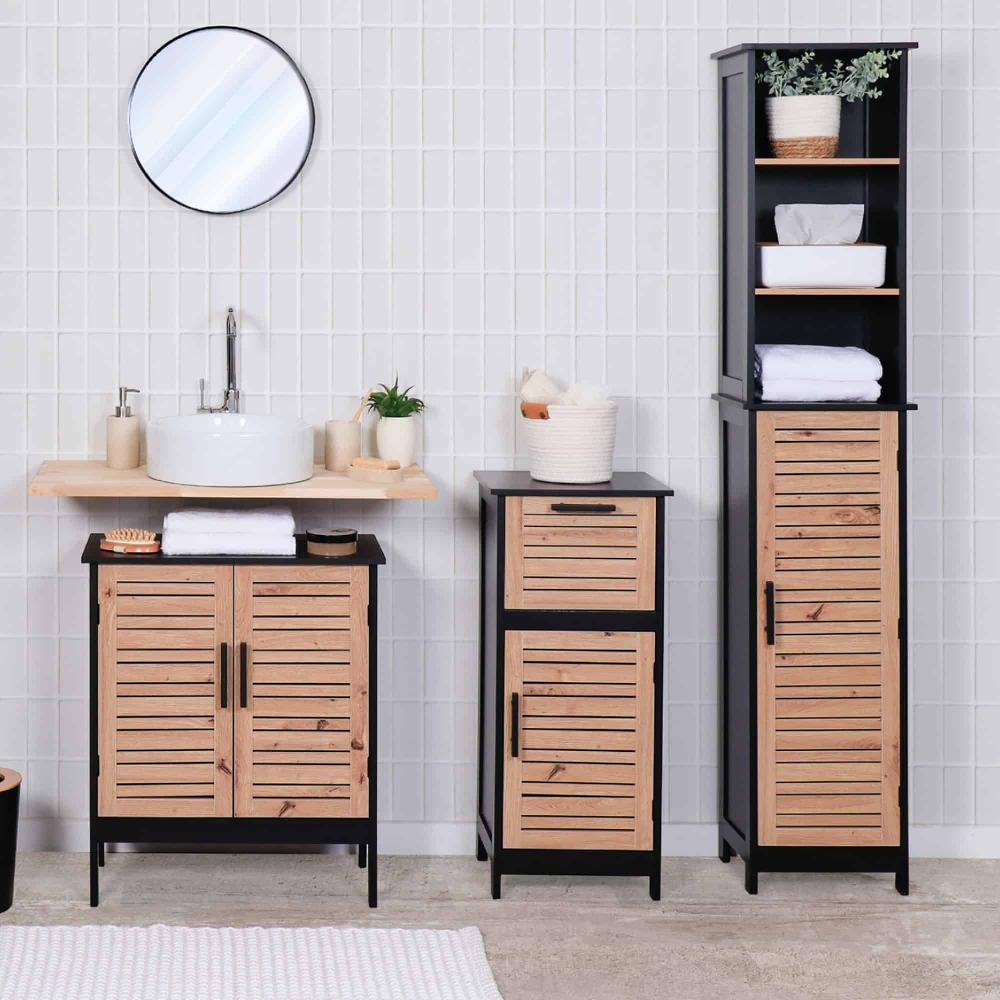 Evideco Tall Bathroom Storage Cabinet With Open Shelves And Vented Door Black And Brown – Bergen Collection Bathroom Storage & Furniture Collection Bergen