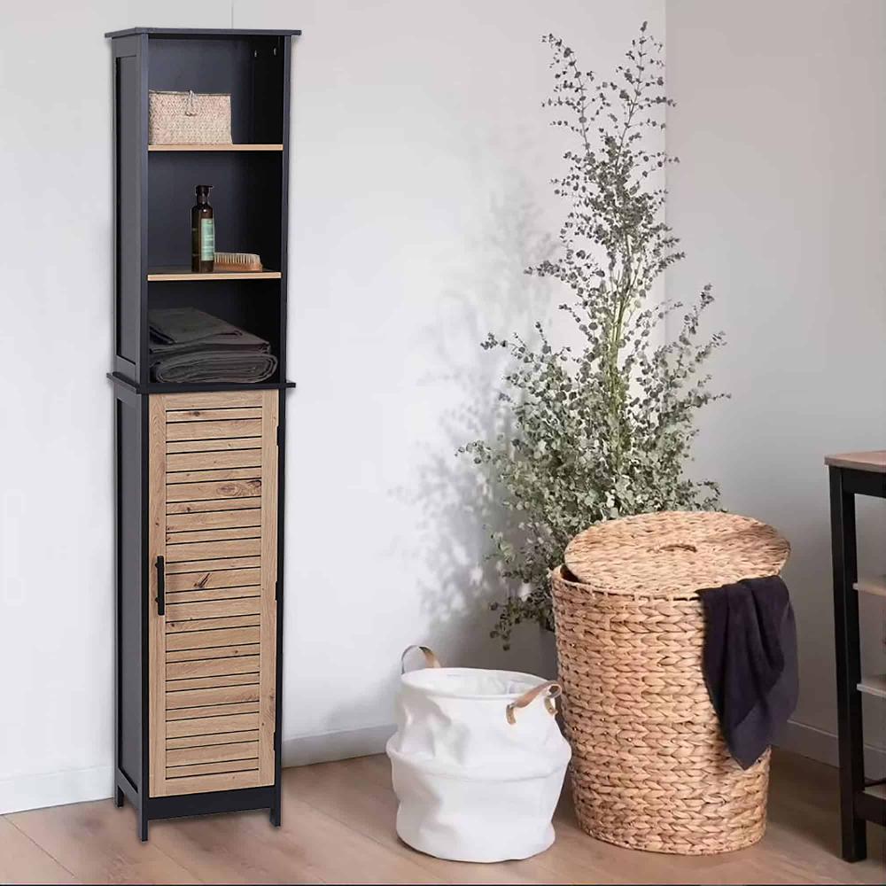 evideco Tall Bathroom Storage Cabinet with Open Shelves and Vented Door Black and Brown – Bergen Collection Bathroom Storage & Furniture Collection Bergen