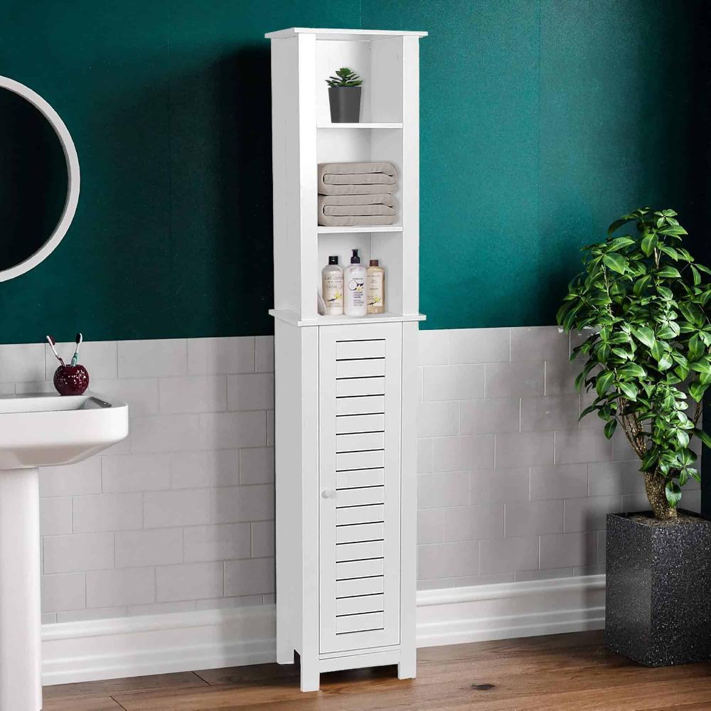 Evideco Tall White Bathroom Storage Cabinet With Open Shelves And Vented Door Santorin Collection Bathroom Storage & Furniture Tower Cabinets