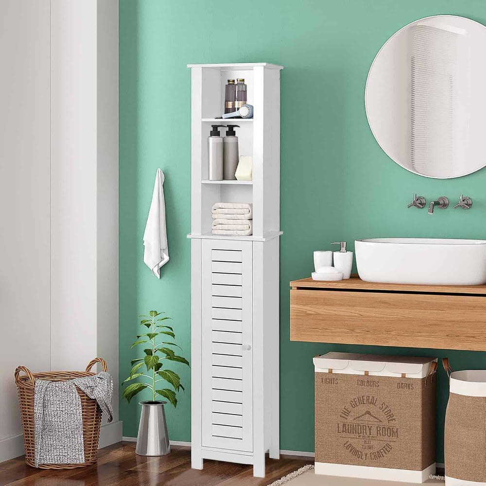 evideco Tall White Bathroom Storage Cabinet with Open Shelves and Vented Door Santorin Collection Bathroom Storage & Furniture Tower Cabinets
