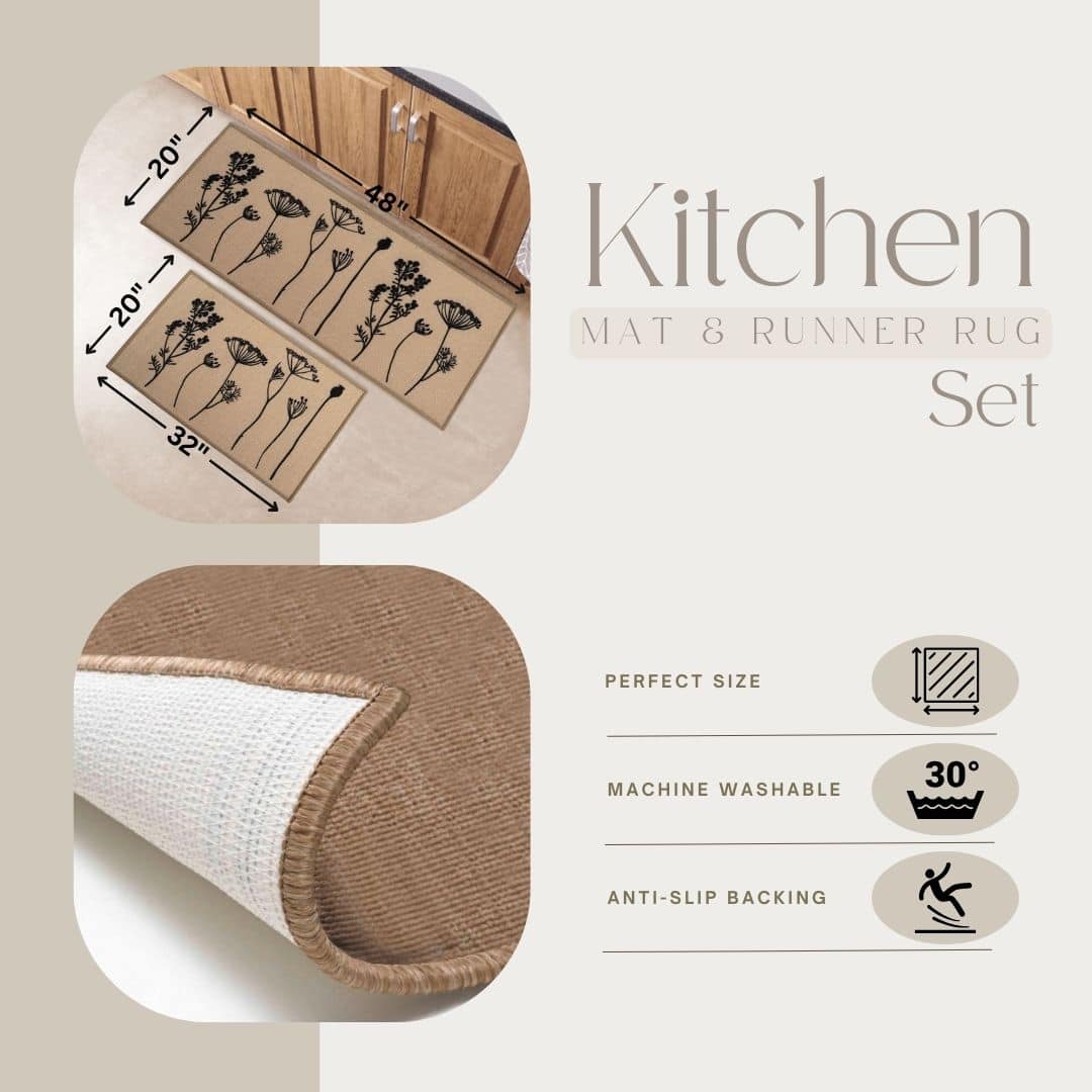Evideco Tan Black Wool Effect Wildflowers Kitchen Mat & Runner Rug Set Of 2 Home Accessories Kitchen Mats
