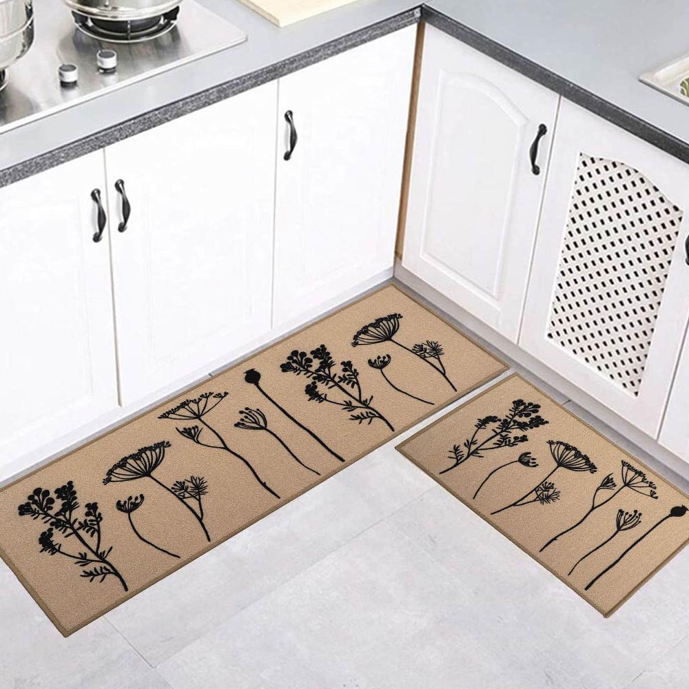 Evideco Tan Black Wool Effect Wildflowers Kitchen Mat & Runner Rug Set Of 2 Home Accessories Kitchen Mats
