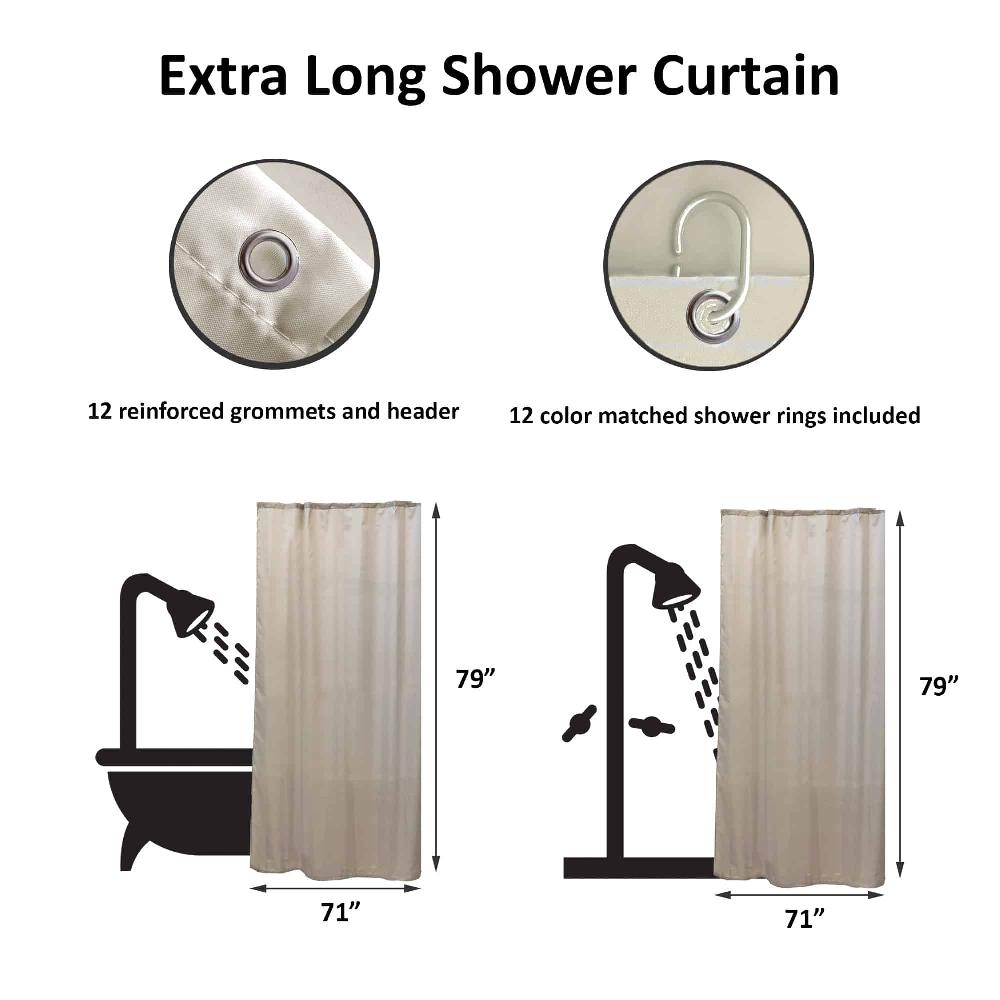Evideco Taupe Extra Long Shower Curtain Polyester 12 Rings 79″L X 71″W Shower Accessories Shower Curtains