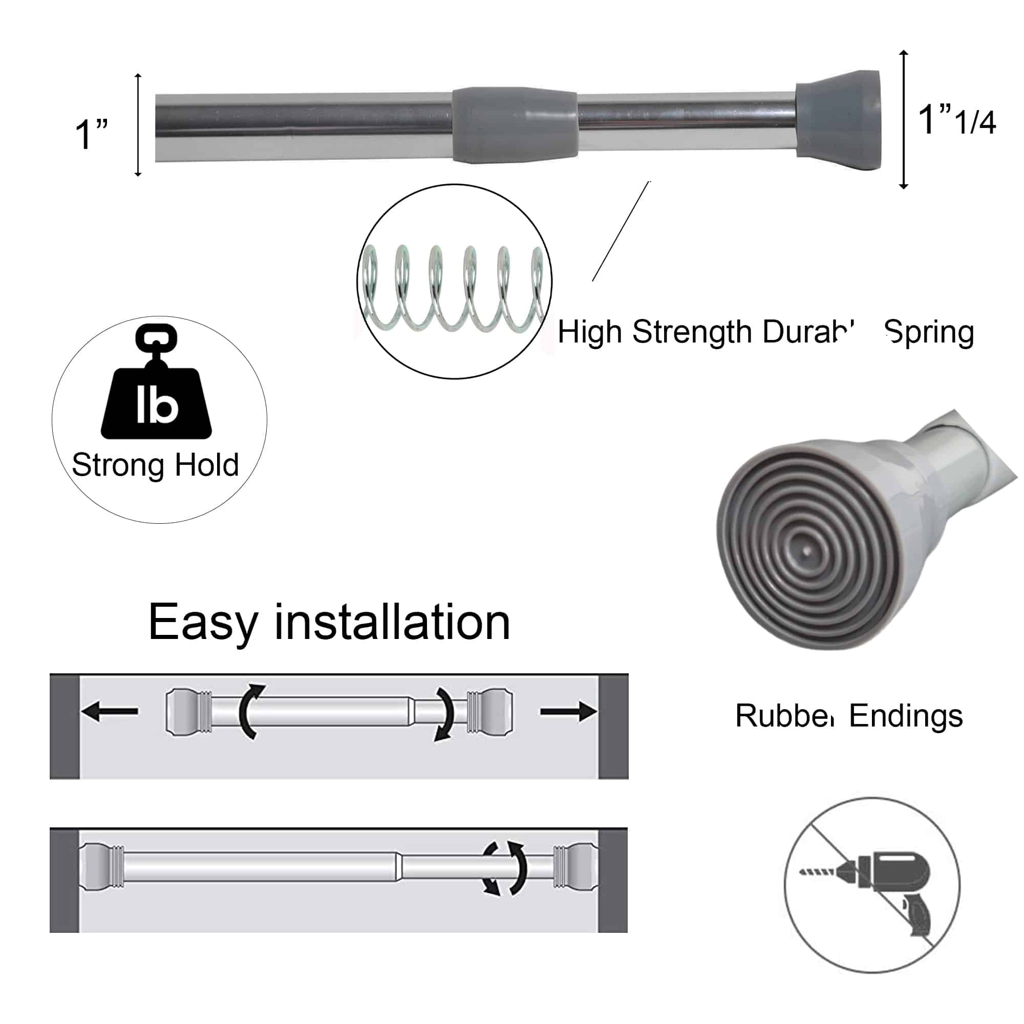 Evideco Tension Adjustable Shower Curtain Rod 28-47 Inches Silver Shower Accessories Shower Curtain Rods