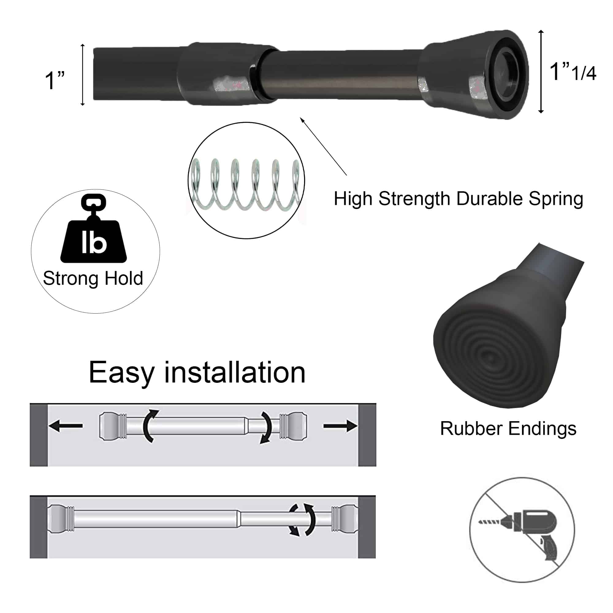 Evideco Tension Adjustable Shower Curtain Rod 43-79 Inches Black Shower Accessories Shower Curtain Rods