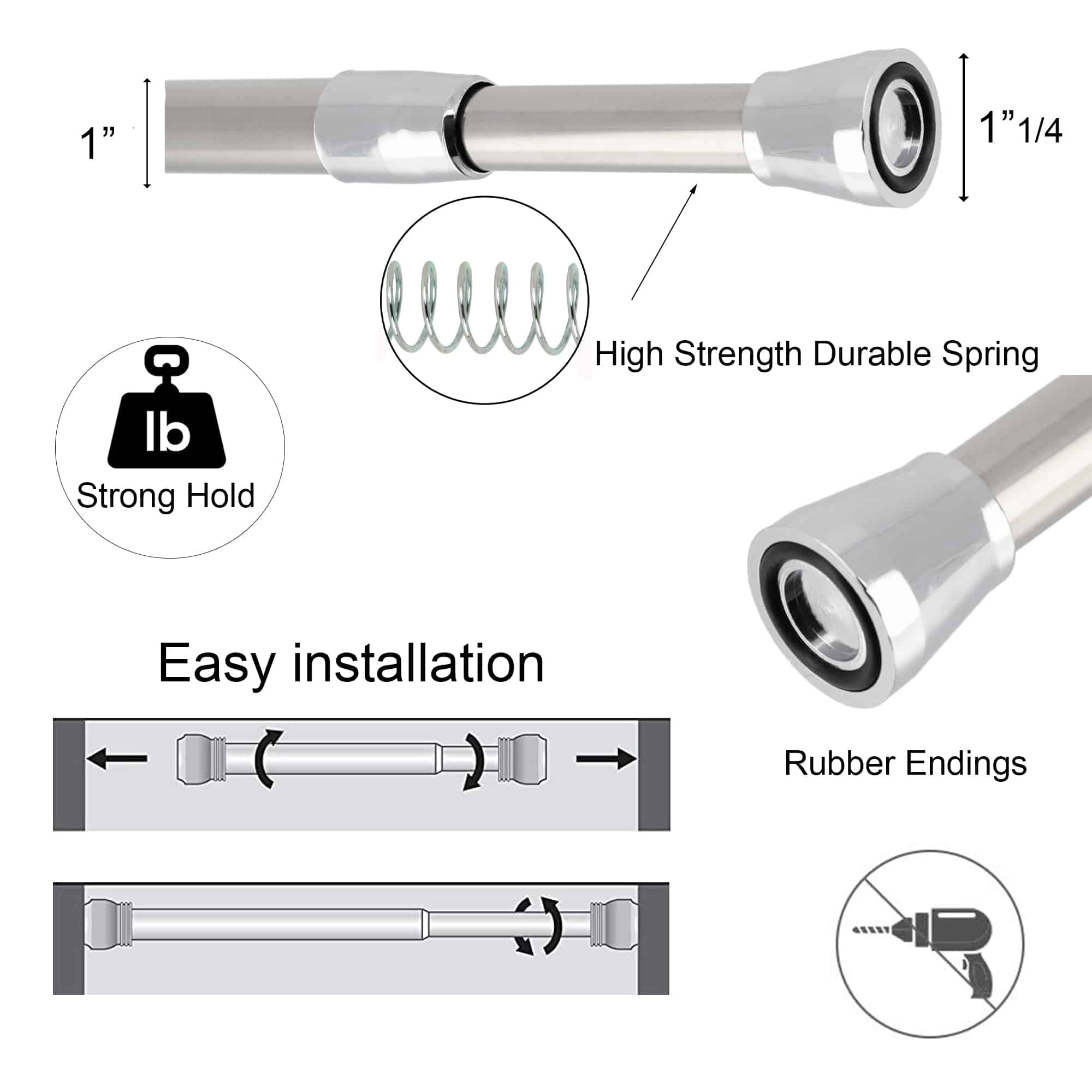 Evideco Tension Adjustable Shower Curtain Rod 43-79 Inches Chrome Stainless Steel Shower Accessories Shower Curtain Rods