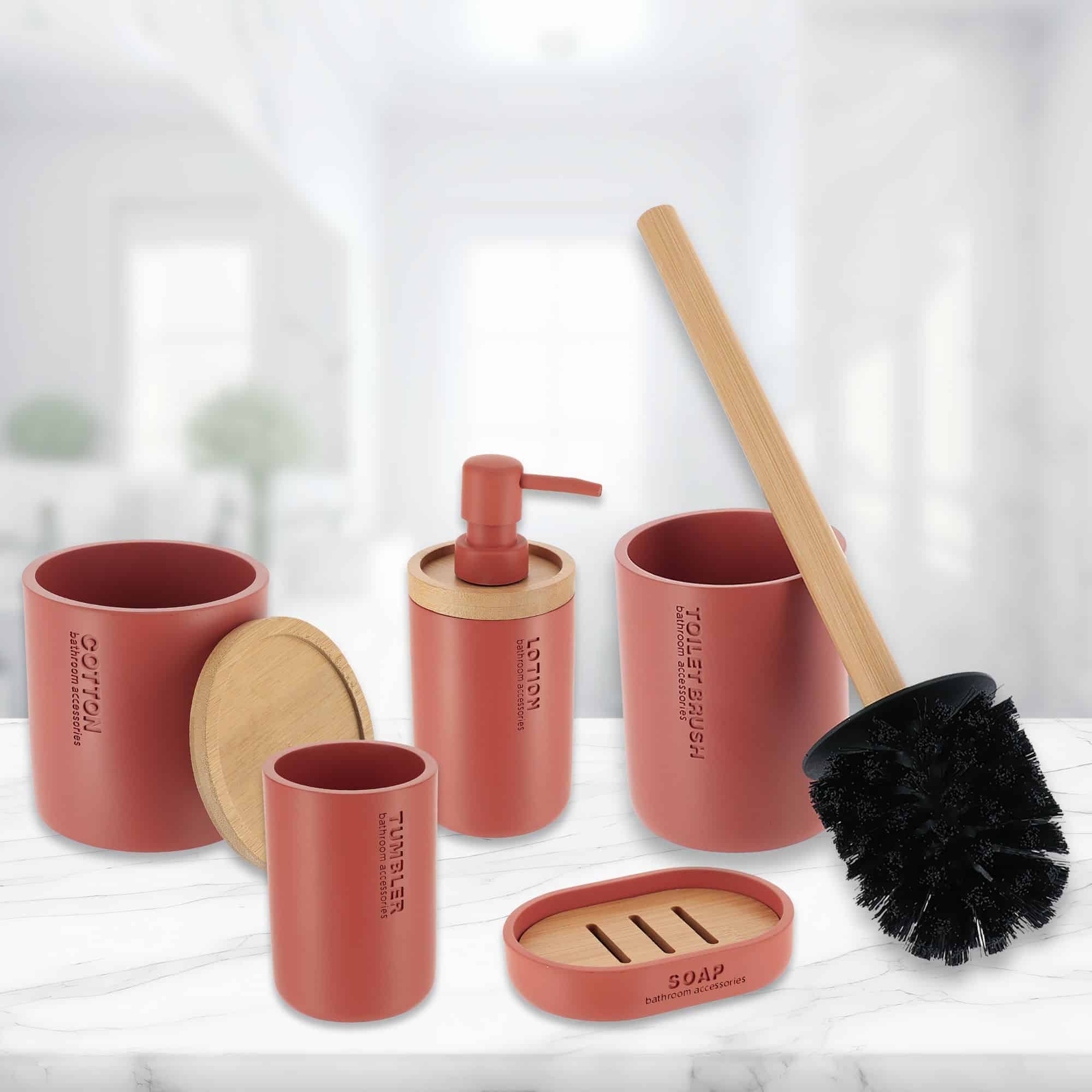 Evideco Terracotta Bathroom Essentials Set With Natural Bamboo – 5 Pieces – Liquid Soap Pump Toothbrush Cup Toilet Brush Holder Cotton Container And Soap Holder Bathroom Accessories Bath Coordinate Sets