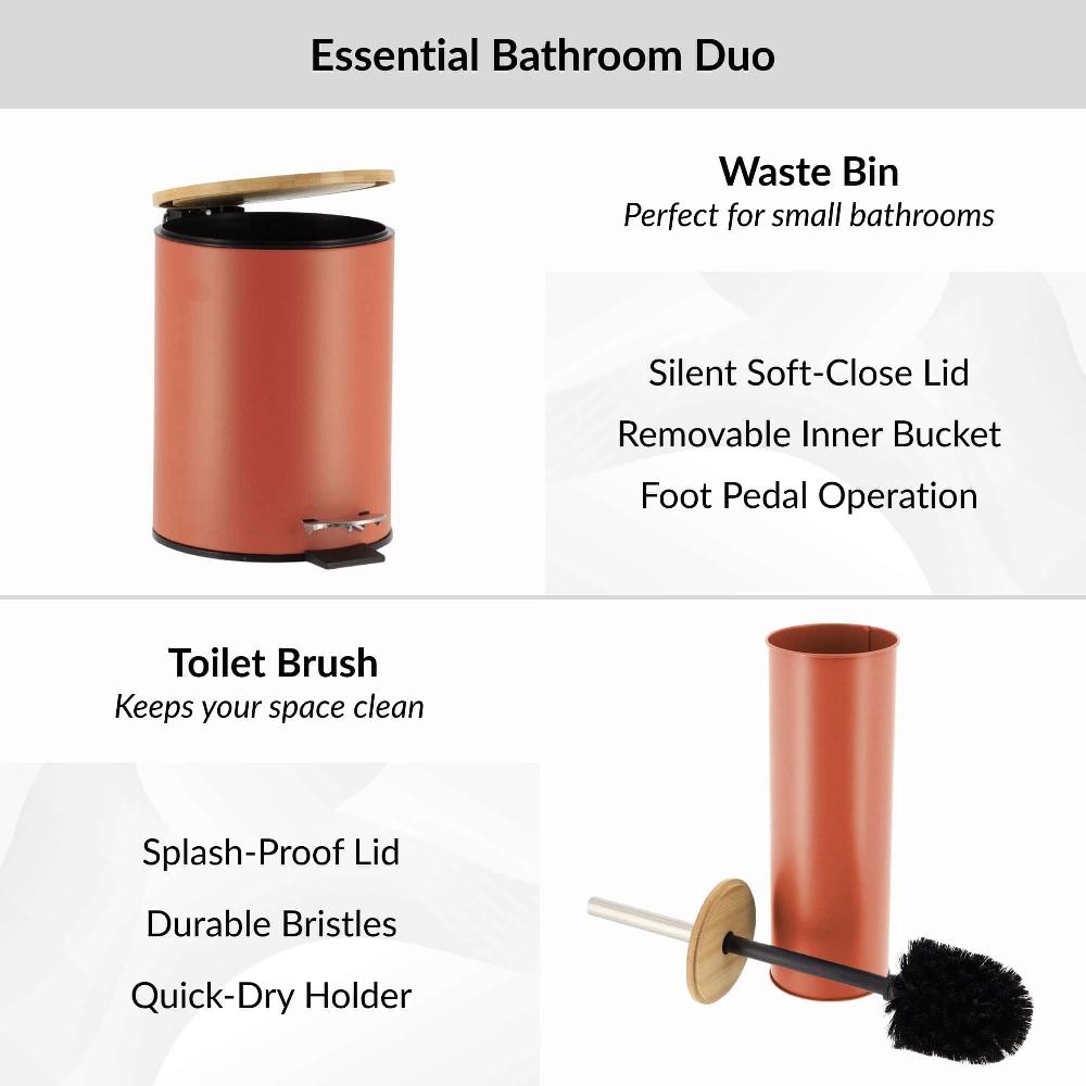 Evideco Terracotta Bathroom Set With Bamboo Lid – Matte Metal Trash Can And Toilet Brush Bathroom Accessories Bath Coordinate Sets