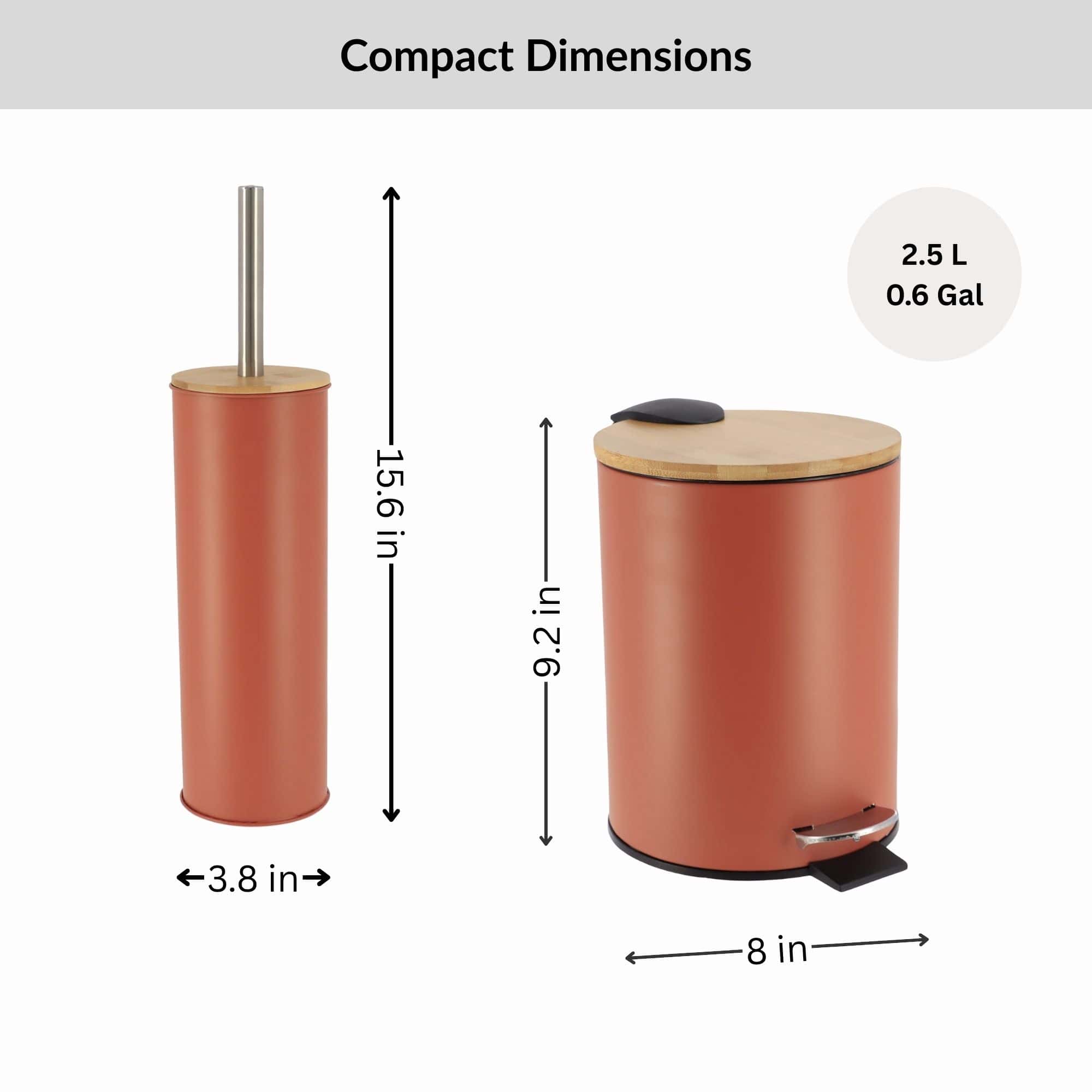 Evideco Terracotta Bathroom Set With Bamboo Lid – Matte Metal Trash Can And Toilet Brush Bathroom Accessories Bath Coordinate Sets