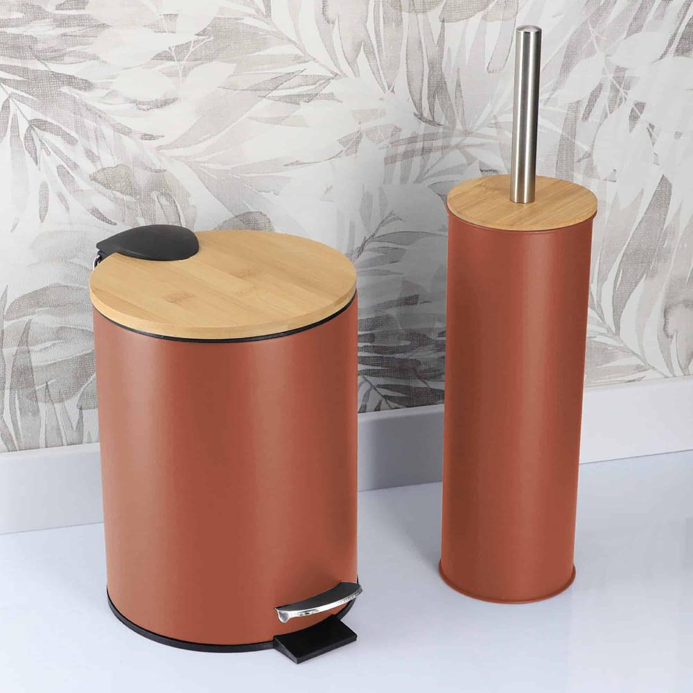 evideco Terracotta Bathroom Set with Bamboo Lid – Matte Metal Trash Can and Toilet Brush Bathroom Accessories Bath Coordinate Sets