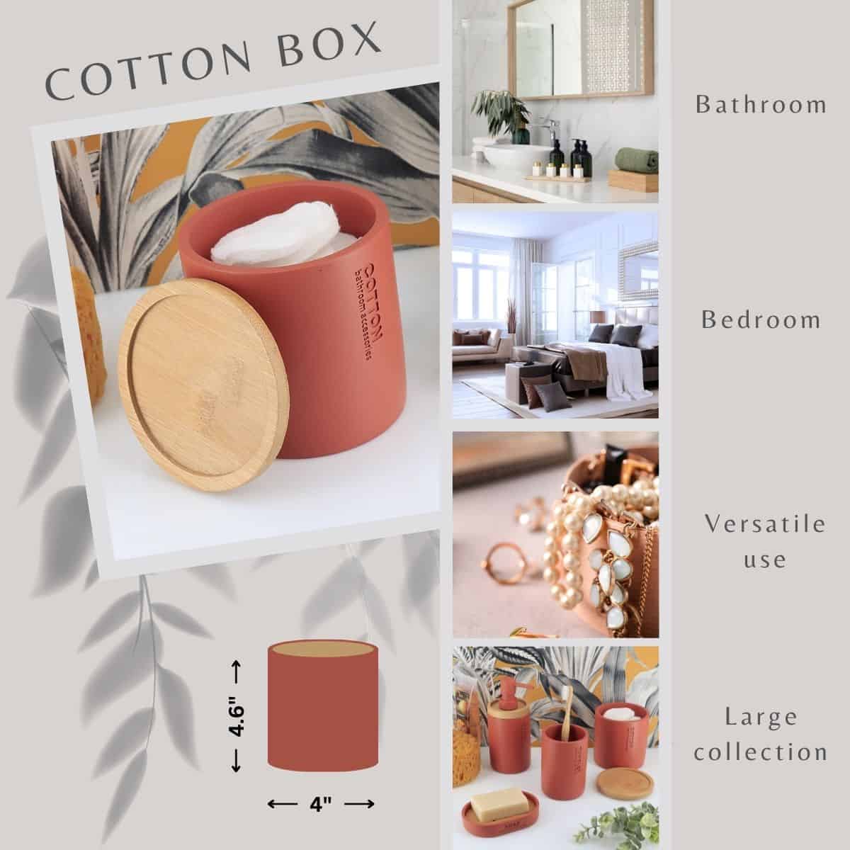 Evideco Terracotta Cotton Pad Holder – Polyresin Bathroom Storage Container With Bamboo Lid Bathroom Accessories Cosmetic & Vanity Organizers