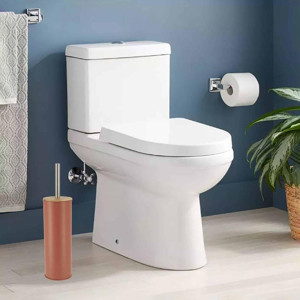 evideco Terracotta Metal Toilet Brush and Holder Set With Bamboo Lid Toilet Seats & Accessories Toilet Brushes