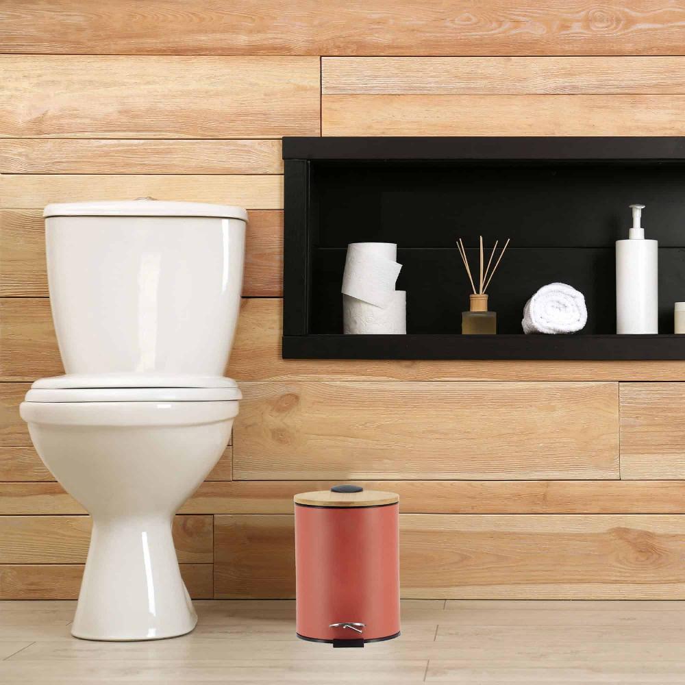 Evideco Terracotta Trash Can With Bamboo Lid And Pedal 2.5L Capacity Toilet Seats & Accessories Toilet Wastebaskets Design & Solid