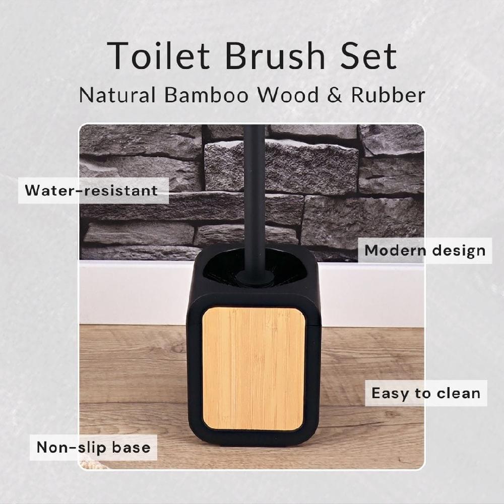 Evideco Toilet Brush And Holder Black Rubber And Bamboo Toilet Seats & Accessories Toilet Brushes