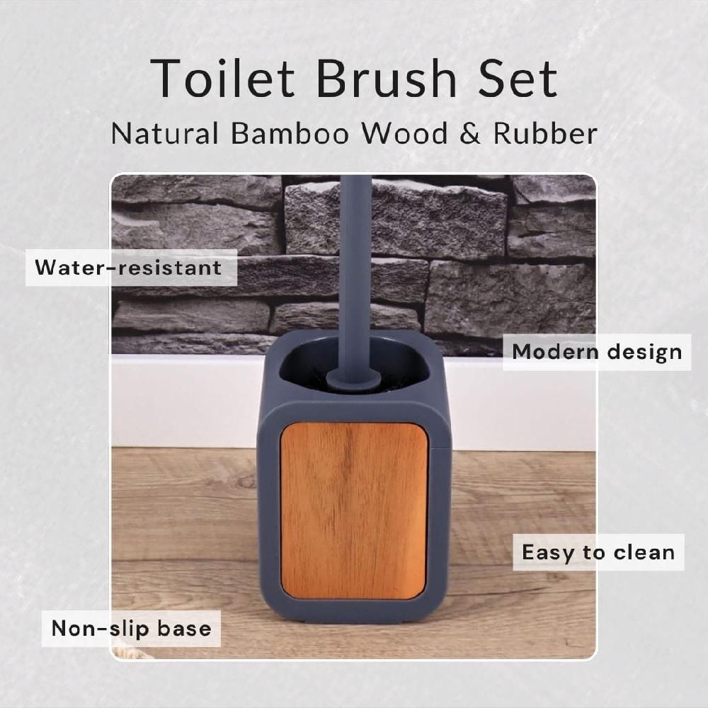 Evideco Toilet Brush And Holder Gray Rubber And Acacia Toilet Seats & Accessories Toilet Brushes