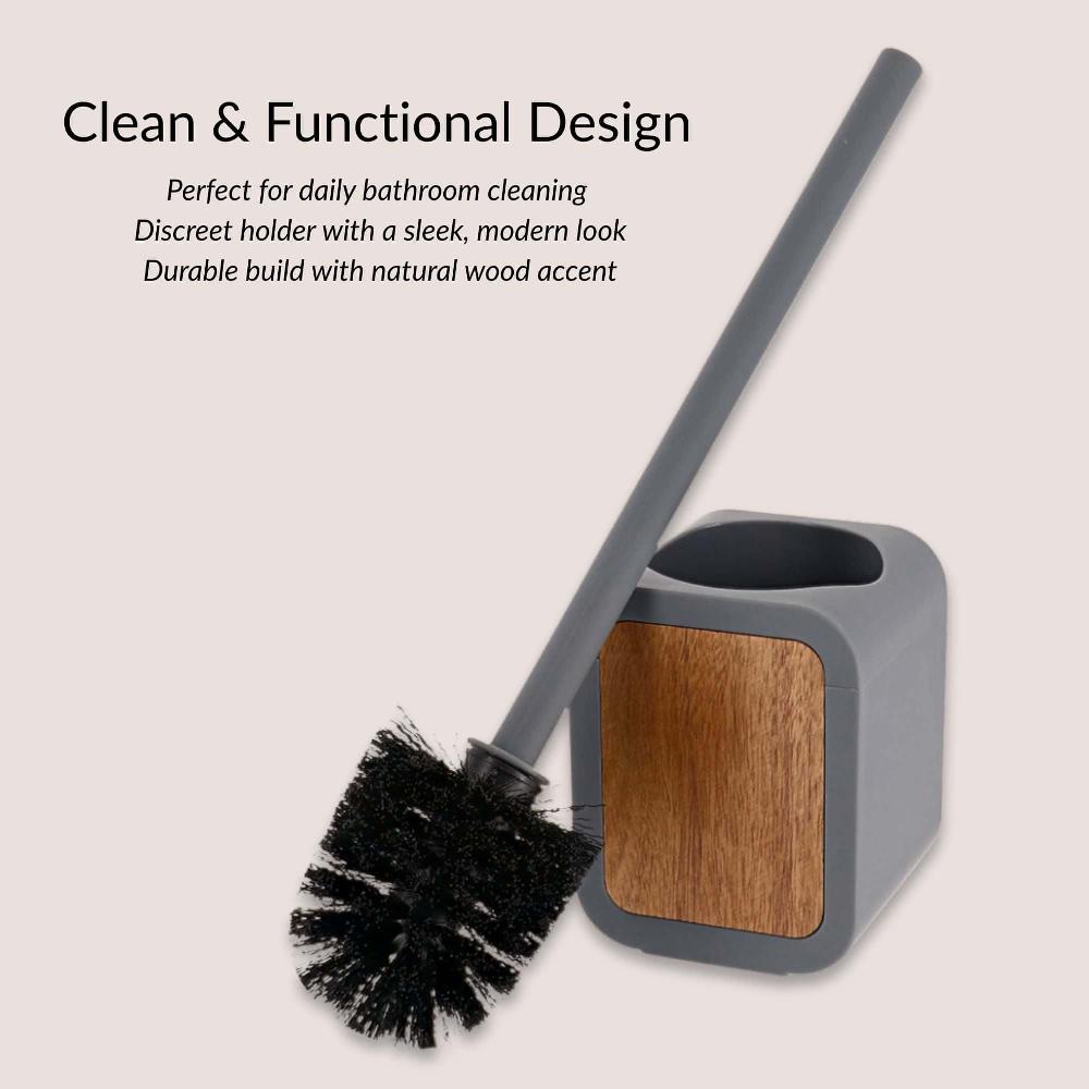 Evideco Toilet Brush And Holder Gray Rubber And Acacia Toilet Seats & Accessories Toilet Brushes