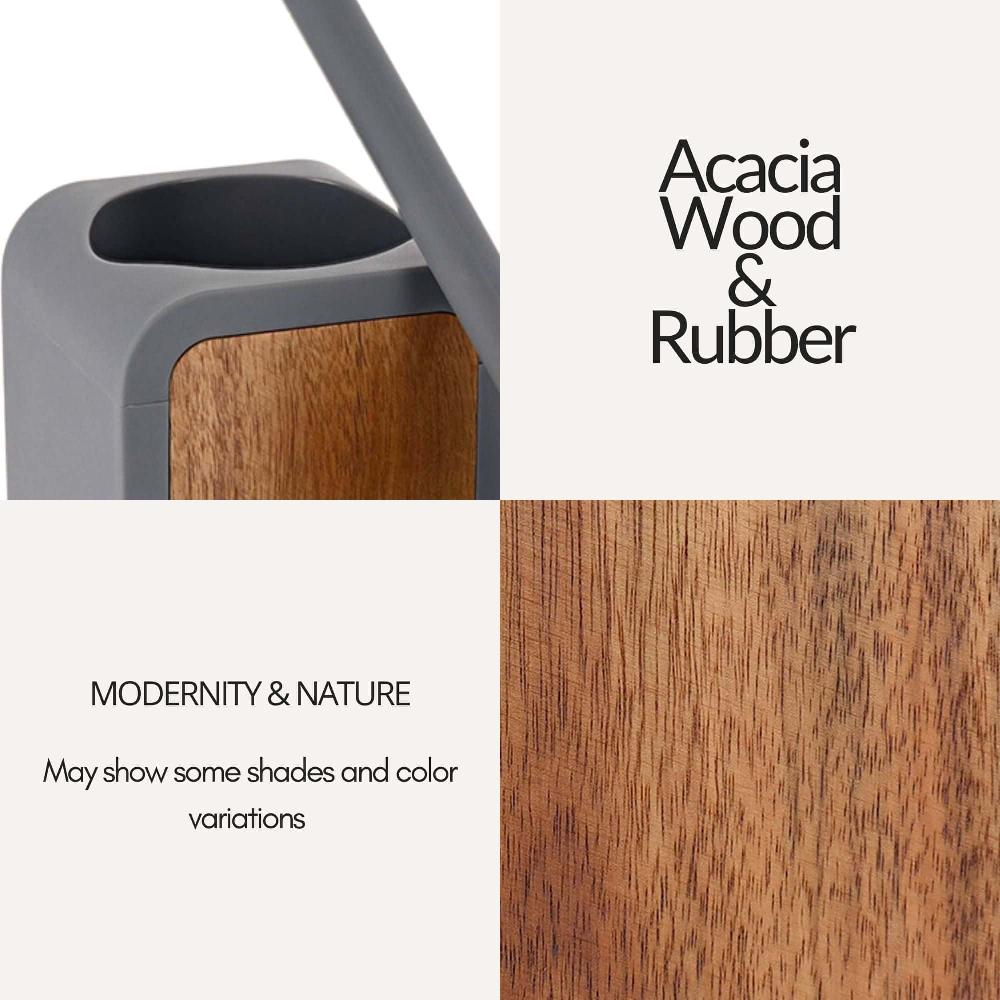 Evideco Toilet Brush And Holder Gray Rubber And Acacia Toilet Seats & Accessories Toilet Brushes