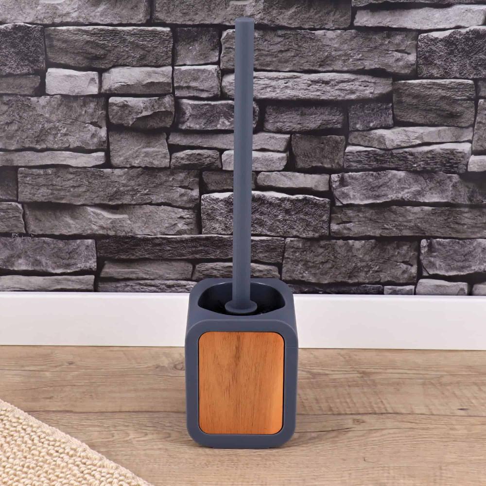 evideco Toilet Brush and Holder Gray Rubber and Acacia Toilet Seats & Accessories Toilet Brushes