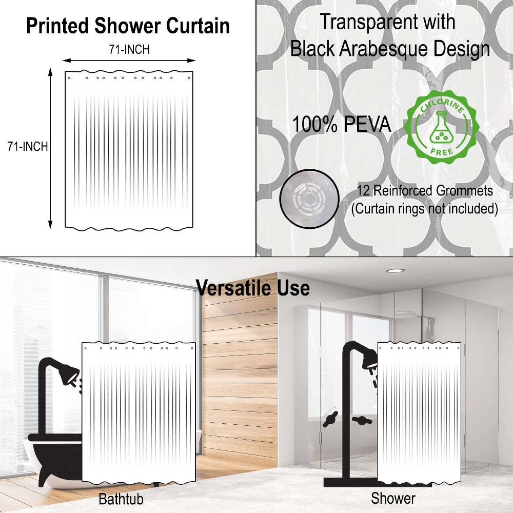 Evideco Transparent PEVA Shower Curtain – Black Arabesque Design – 71×71 Inches Shower Accessories Shower Curtains