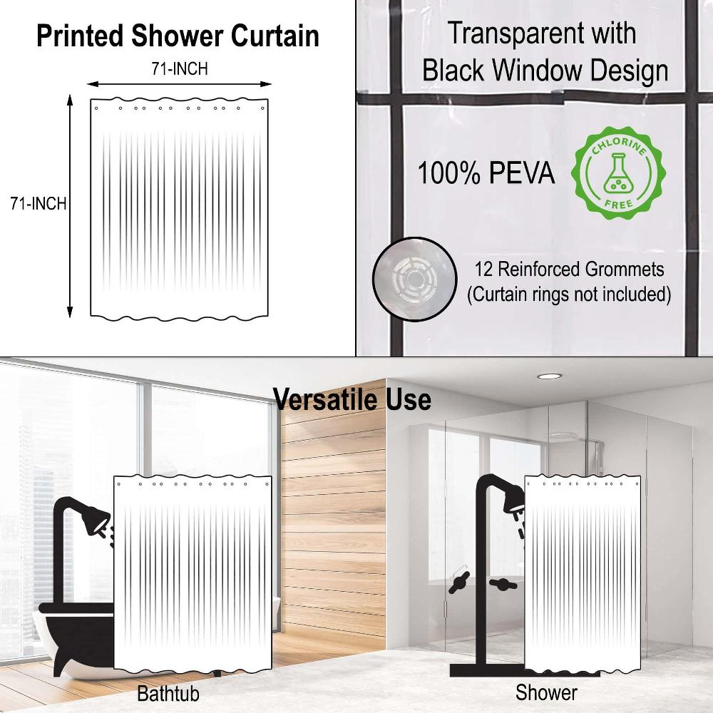 Evideco Transparent PEVA Shower Curtain – Black Window Design – 71×71 Inches Shower Accessories Shower Curtains